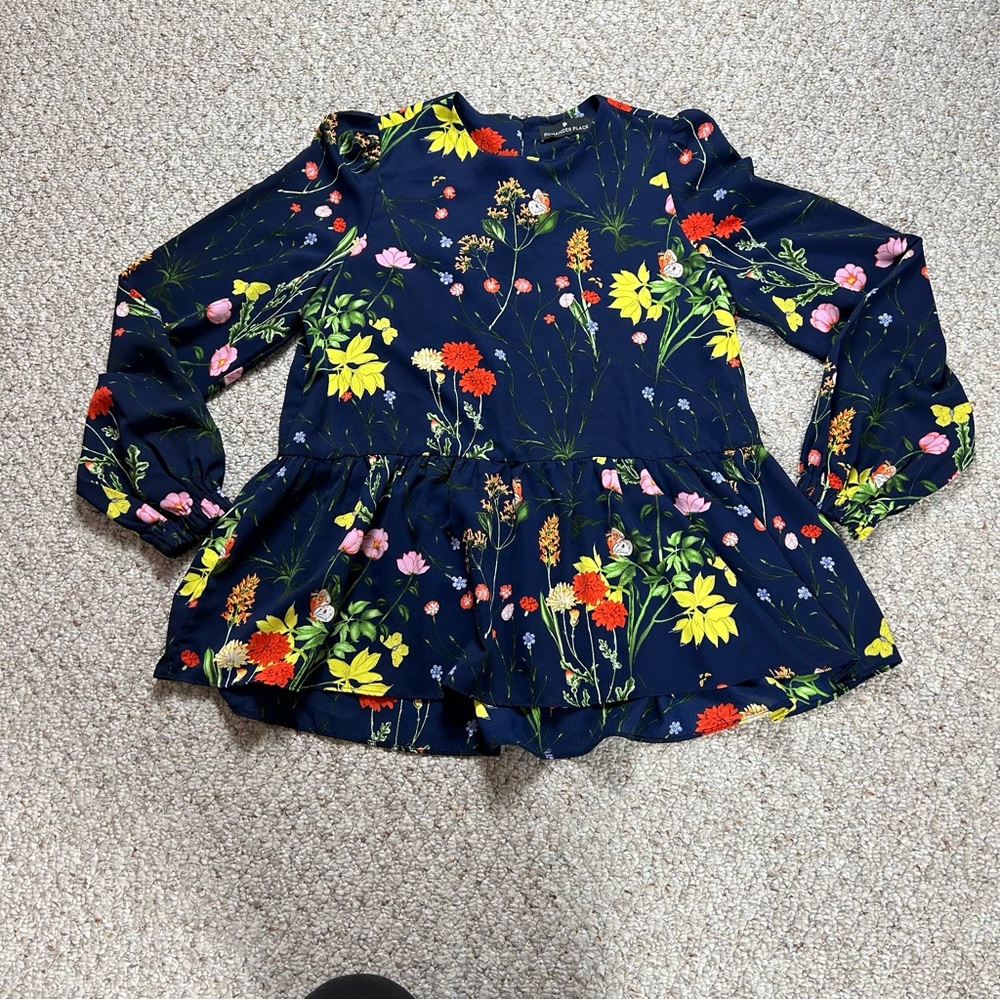Pomander Place Tuckernuck Peplum Navy Blue Floral Blouse Top Womens Medium